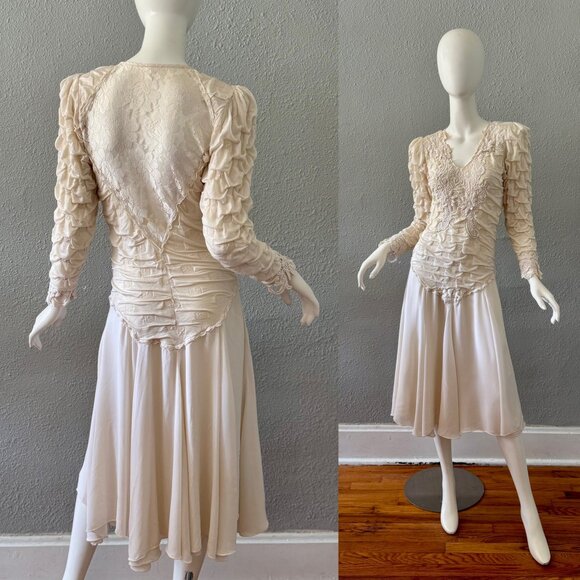 Vintage 80s Ivory Lace Wedding Chiffon Long Sleeve Stretchy Dress XS/S